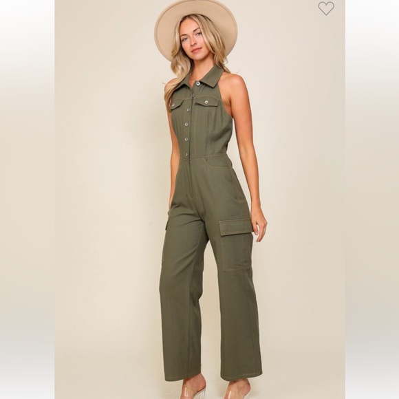New Trendy Chic Halter Denim Olive Cargo Jumpsuit - Picture 6 of 7